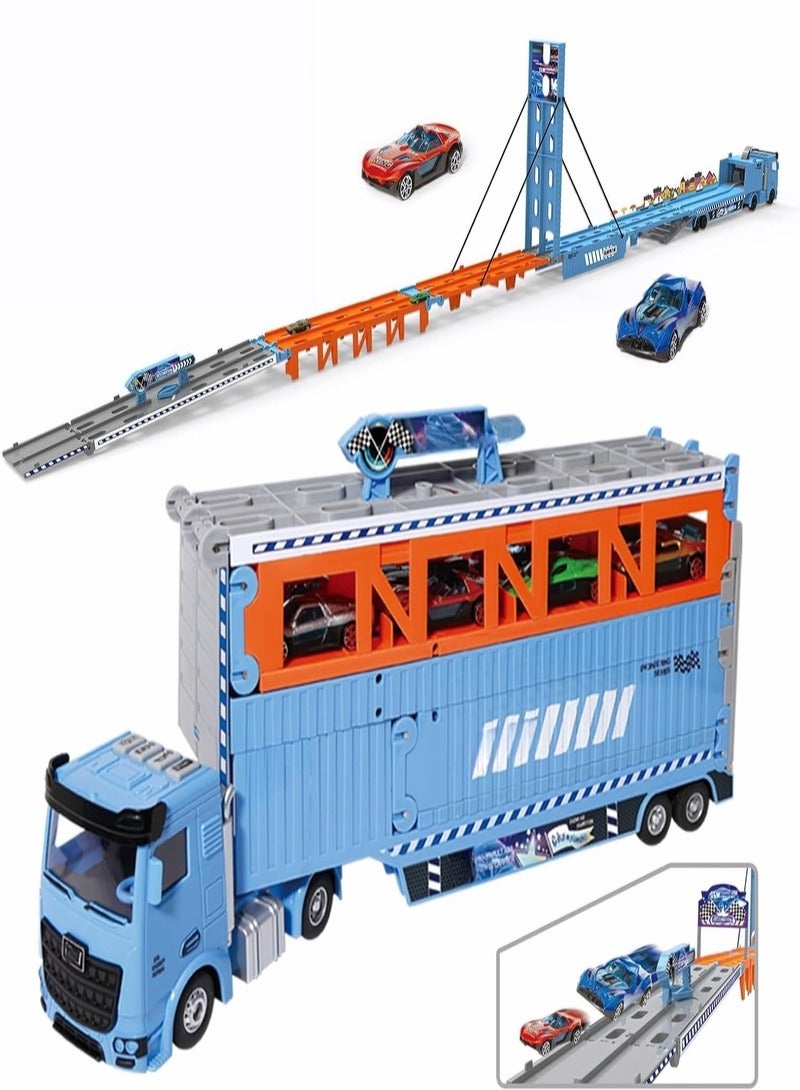 (رمضان)لعبة مسارات سيارات سباق قابلة للطي وموسعة مع فتحات إطلاق، مجموعة ألعاب شاحنات سباق الشاحنات، سيارة سباق بالقذف، لعبة شاحنة متحولة، 8 قطع من سيارات الألومنيوم، مركبة نقل حاوية، مع أصوات وإضاءة، لعبة مسارات سيارات كهدايا عطلة للأولاد والبنات، من عمر 3 سنوات فما فوق - Image 2